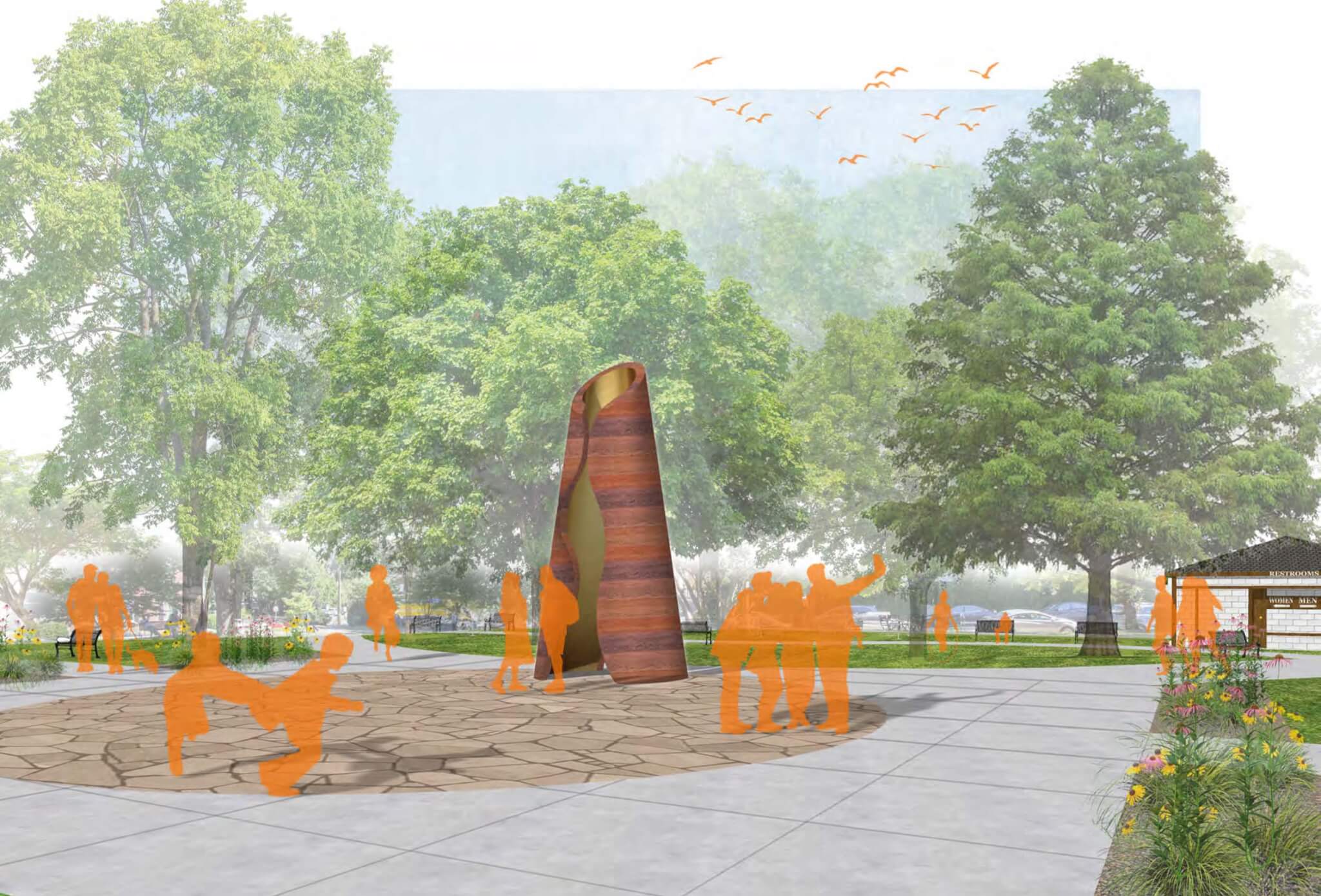 Rendering of PUSH Studio's rammed earth tower at Market Street Park in Charlottesville