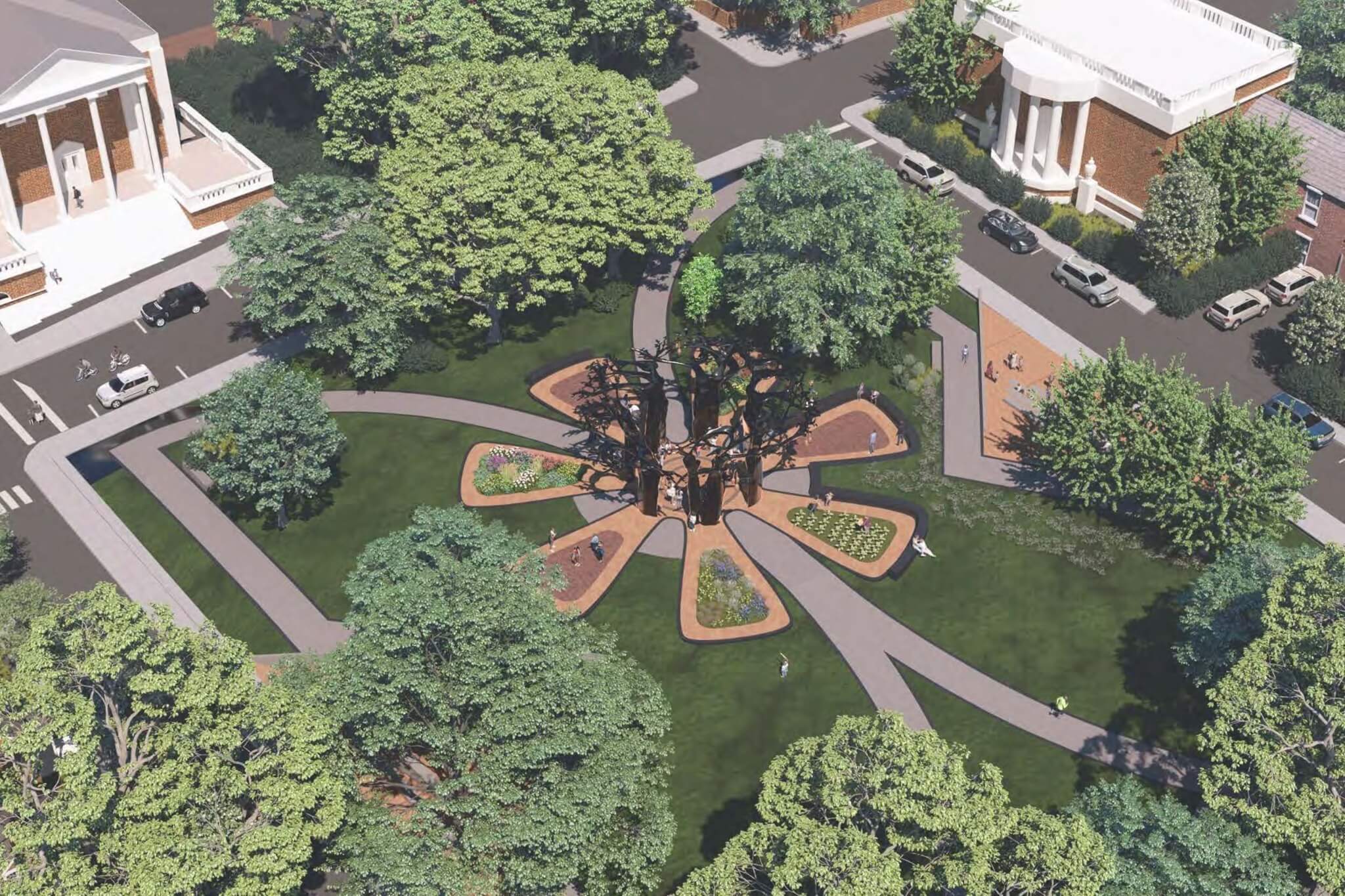Aerial rendering of MASS Design Group and Dana King's proposed bronze baobab tree pavilion at Market Street Park in Charlottesville